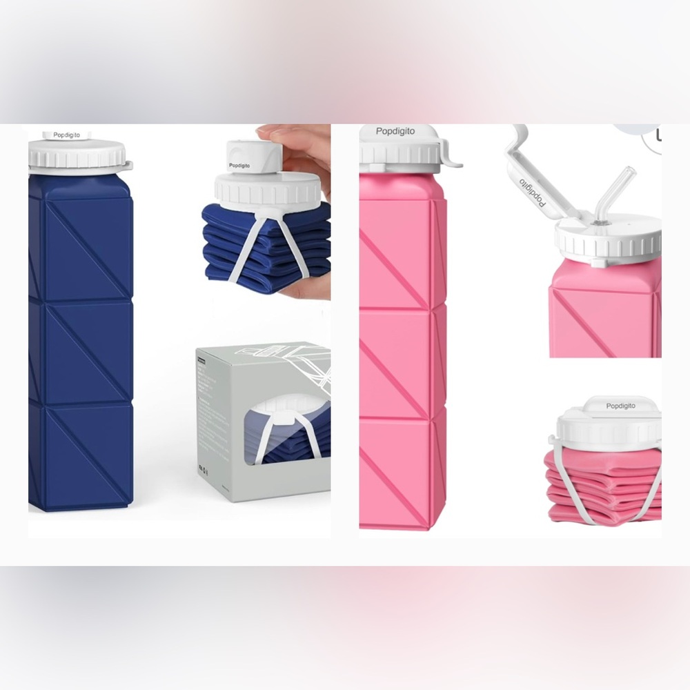 🌼 NIB Popdigito Dark Blue & Pink Collapsible Water Bottle BPA-Free Silicone